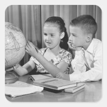 Boy and Girl Viewing Globe Square Stickers