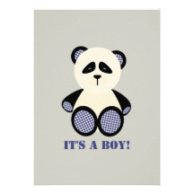 Boy Baby Shower: Blue Gingham Panda Announcement