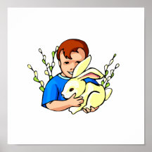 boy blue shirt big rabbit.png posters