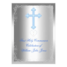 Boy First Holy Communion Silver Blue Custom Invites