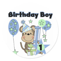 Boy Monkey With Gifts 1st Birthday Round Sticker