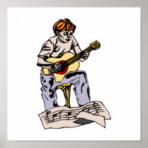 Boy playing acoustic guitar with sheet music posters