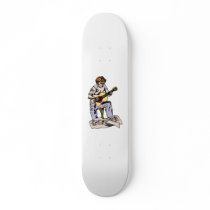 Boy playing acoustic guitar with sheet music skateboards
