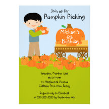 Boy Pumpkin Picking Birthday Party Invitations