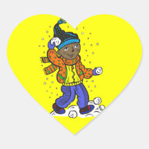 Boy Throwing Snowballs Heart Stickers