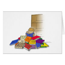 Boy toddler surrounded by books. card