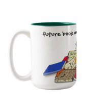 Boy toddler surrounded by books. coffee mugs