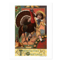 Boy with Arm around a Turkey Postcard