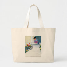 Boy with Ball Waits While His Dog Eats Tote Bags