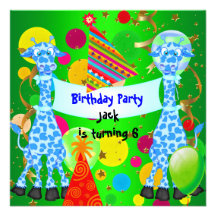 Boys 6th Birthday Blue Lime Giraffe Kids Child Invitation