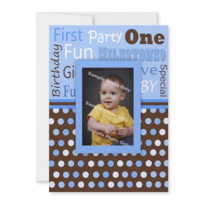 Boy's Blue Polka Dots Baby's First Birthday Photo Custom Invitation by faithandhopesplace