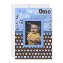 Boy's Blue Polka Dots Baby's First Birthday Photo Custom Invitation