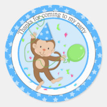 Boys Party Monkey Thank You Round Sticker
