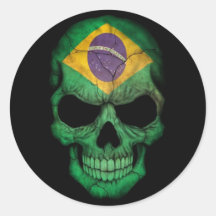 Brazilian Flag Skull on Black Round Sticker