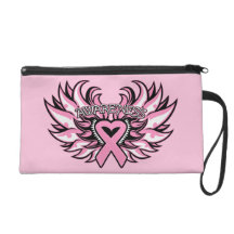 Breast Cancer Awareness Heart Ribbon Wings Wristlet Purses