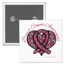 Breast Cancer Mosaic Heart Ribbon Buttons