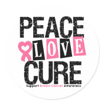 Breast Cancer Peace Love Cure Round Stickers
