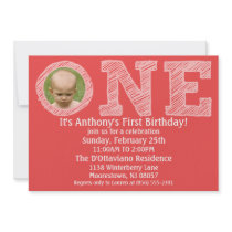 Brick Red The Big One Photo First Birthday Party Invitations