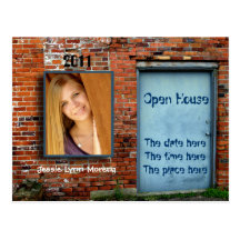 brick wall and blue door open house card postcards