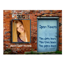 brick wall and blue door open house card postcards