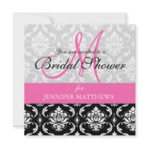 Bridal Shower Invitation Damask Hot Pink Monogram