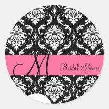Bridal Shower Pink Damask Monogram Wedding Label Stickers