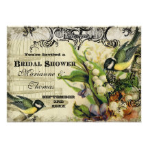 Bridal Shower, Yellow Song Bird Cage Swirl Floral Announcements