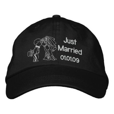 Bride and Groom Kiss - Just Married Embroidered Baseball Cap by WedThreads