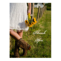 Bride, Boots and Sunflowers Wedding Thank You Post Cards
