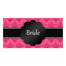 Bride gifts pink damask personalized photo card