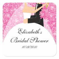Bride Groom Bridal Shower Square Sticker Pink