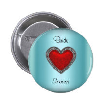 Bride Groom Teal Wedding Button Red Heart