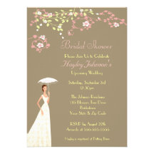 Bride, Parasol & Blossom Bridal Shower Custom Announcement