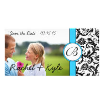 Bright Aqua Black Damask Save the Date Your Photo Personalized Photo Card