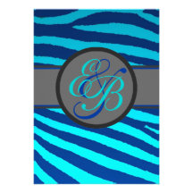 Bright blue neon zebra stripes wedding invitations