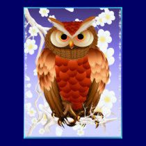 Bright Brown Owl-White Blooms Poster posters
