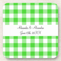 Bright green gingham pattern wedding favours coaster