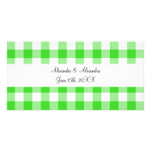 Bright green gingham pattern wedding favours photo card template