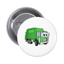 Bright Green Smiling Garbage Truck Cartoon Buttons