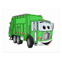 Bright Green Smiling Garbage Truck Cartoon Postcard
