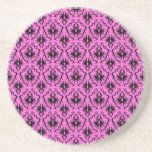 Bright Pink and Black Damask pattern. Beverage Coaster