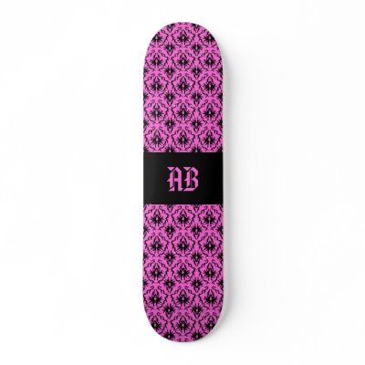 Bright Pink and Black Damask pattern. Skate Board Deck by Graphics_By_Metarla