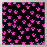 Bright Pink and Black Paw Print Pattern.