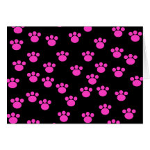 Bright Pink and Black Paw Print Pattern. Cards