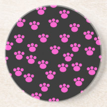 Bright Pink and Black Paw Print Pattern. Beverage Coaster