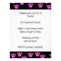 Bright Pink and Black Paw Print Pattern. Custom Invite