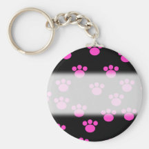 Bright Pink and Black Paw Print Pattern. Keychain