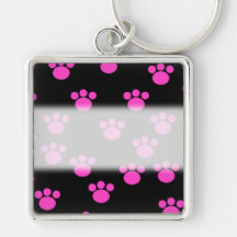 Bright Pink and Black Paw Print Pattern. Keychain