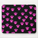 Bright Pink and Black Paw Print Pattern. Mouse Pads