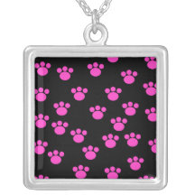 Bright Pink and Black Paw Print Pattern. Necklace